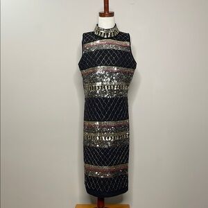 Suzy Sheer Black and Gold Embellished Sequin Cocktail Dress Size Small